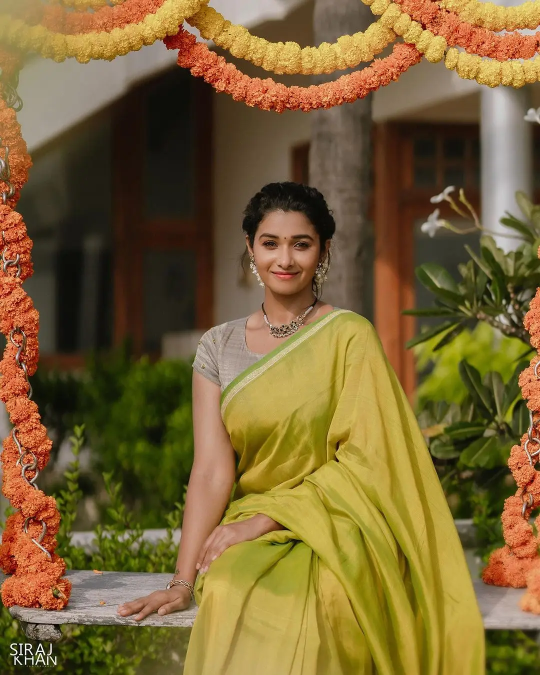 Priya Bhavani Shankar Wearing Beautiful Earrings Jewellery Green Saree